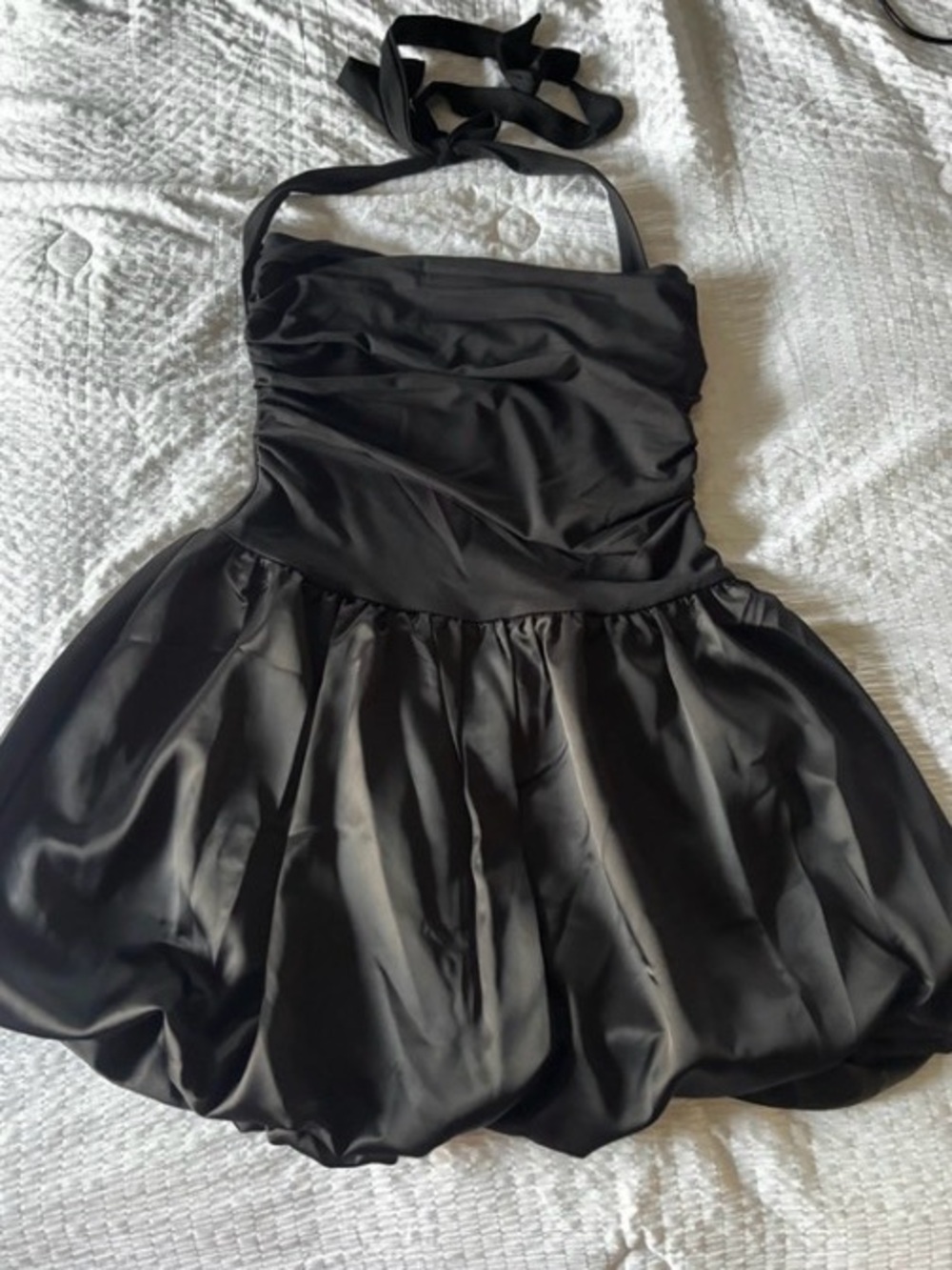 Satin Bubble Hem Mini Dress - Black